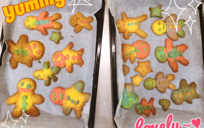 体のパーツを覚えながらクッキー作りに挑戦！夜は音楽から喜怒哀楽や色などを感じ取り、それを表現する練習を行いました。