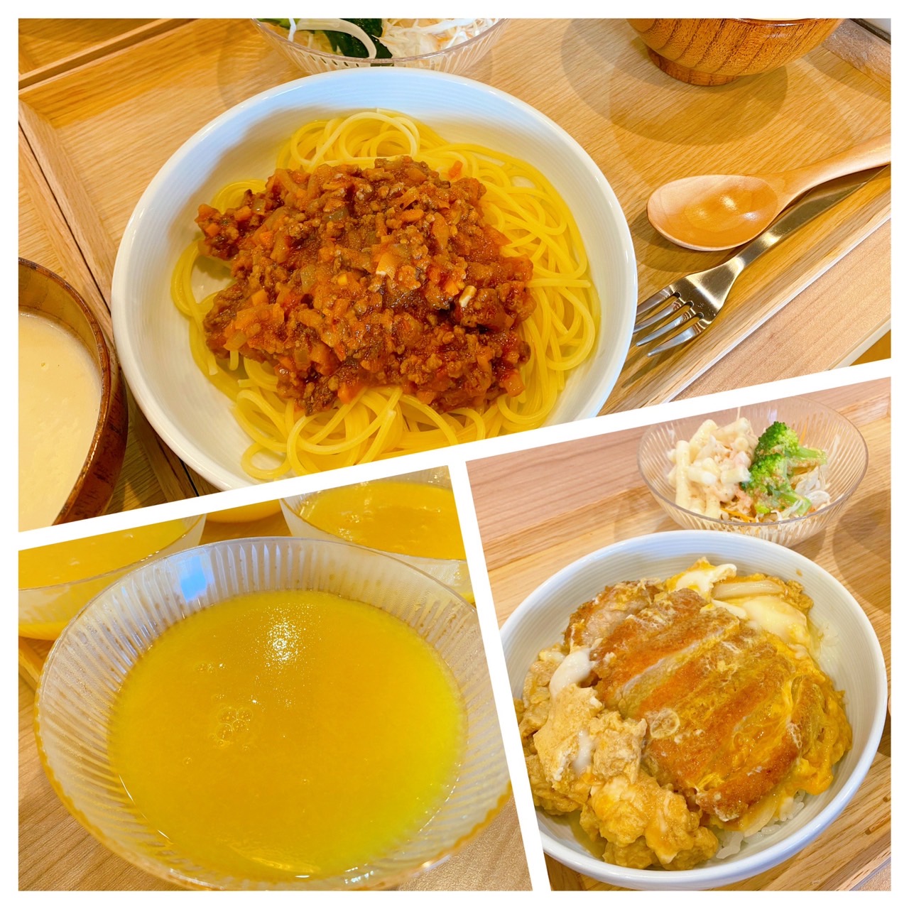 【都筑校】ミートソーススパゲティ、オレンジゼリー、カツ丼