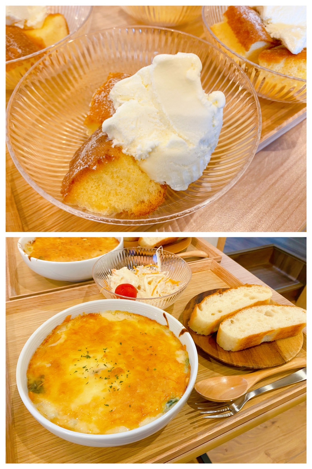 【都筑校】シフォンケーキバニラアイス、グラタン